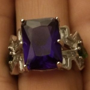 Size 8 Amethyst and emerald silver ring